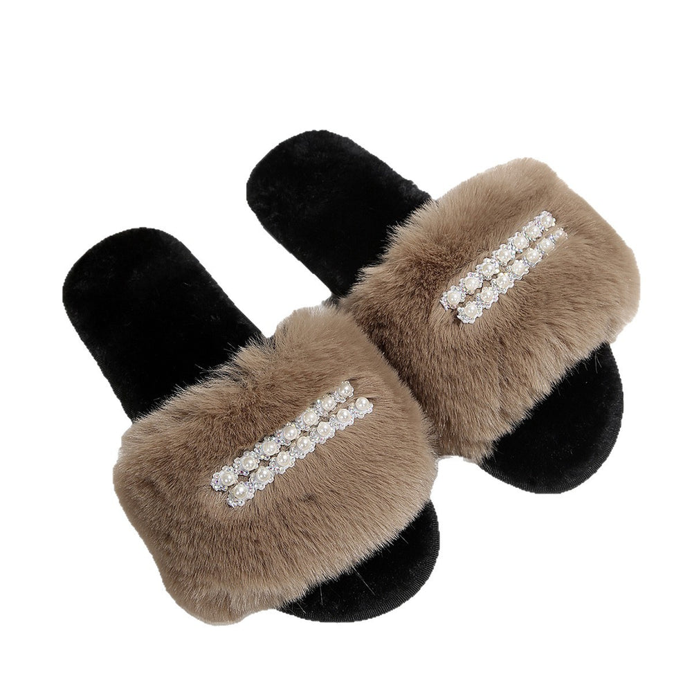Exportnew arrival pearl chain large fur flats slippers women's fashion flip-flops home open cotton slippers cross-border
