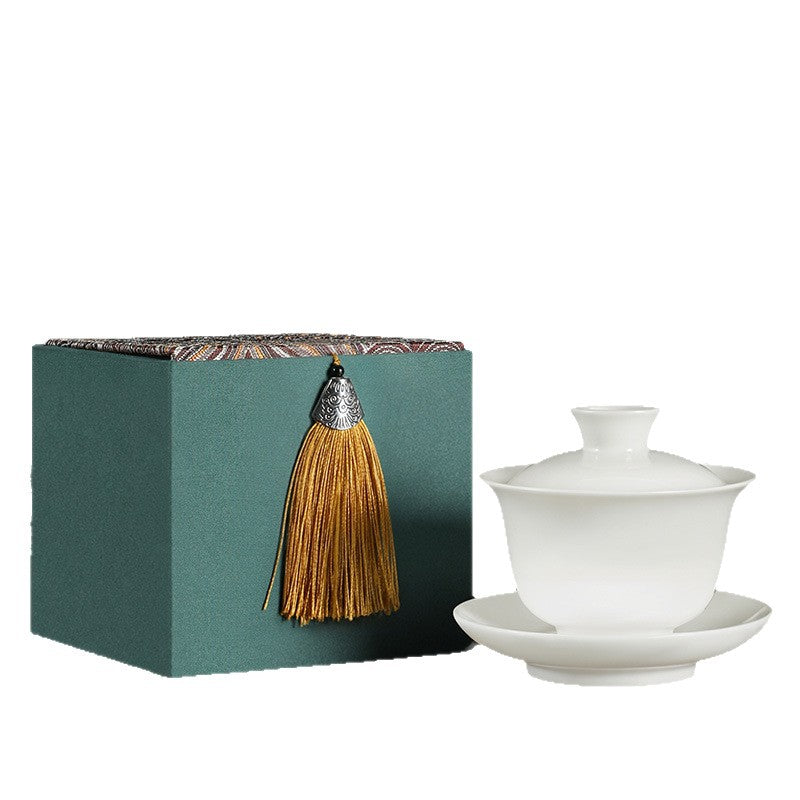 Ice jade porcelain covered bowl can hover kung fu tea set suit sancai covered bowl mutton fat jade tea cup tea bowl tea cup