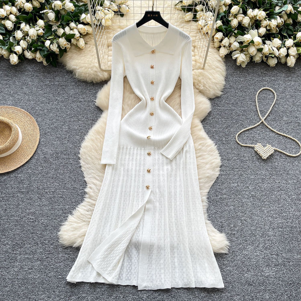 French retro polo collar long sleeve metallic buckle waist dress women's autumn slimming elegant crochet knit maxi dress
