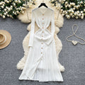 French retro polo collar long sleeve metallic buckle waist dress women's autumn slimming elegant crochet knit maxi dress