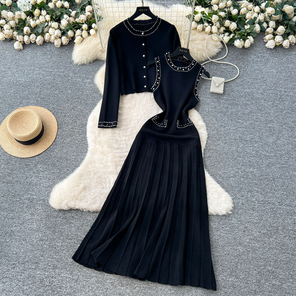 Classy tweed style outfit women's autumn fashion beading round neck sleeveless knittingdresslong sleevecardiganoutwear