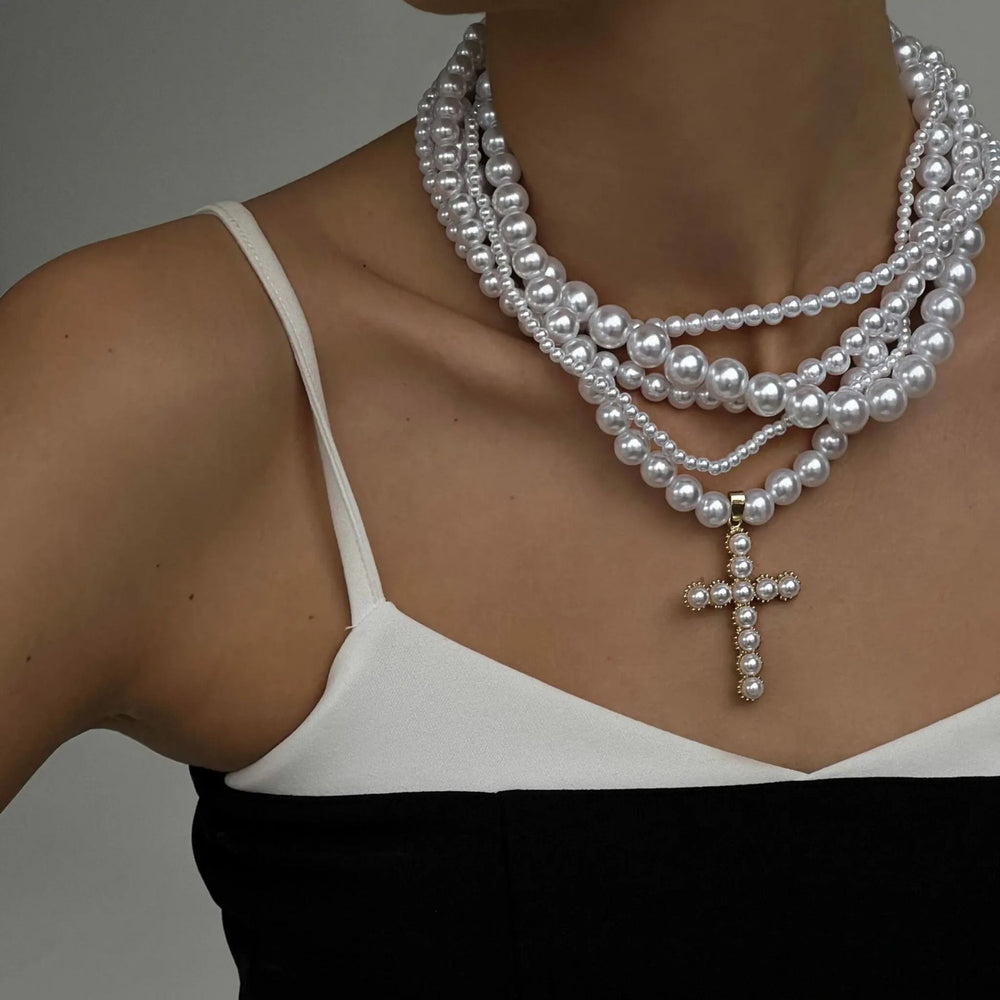 Stacked necklaces wholesale european and american cross-border retro imitation pearl light luxury sweet cool pendant women's pearl cross necklace