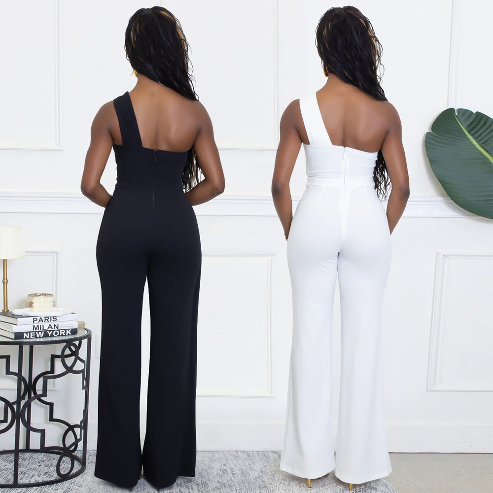 C7505 cross-border   fashion women's summer elegant decorative buckle one-shoulder jumpsuit new
