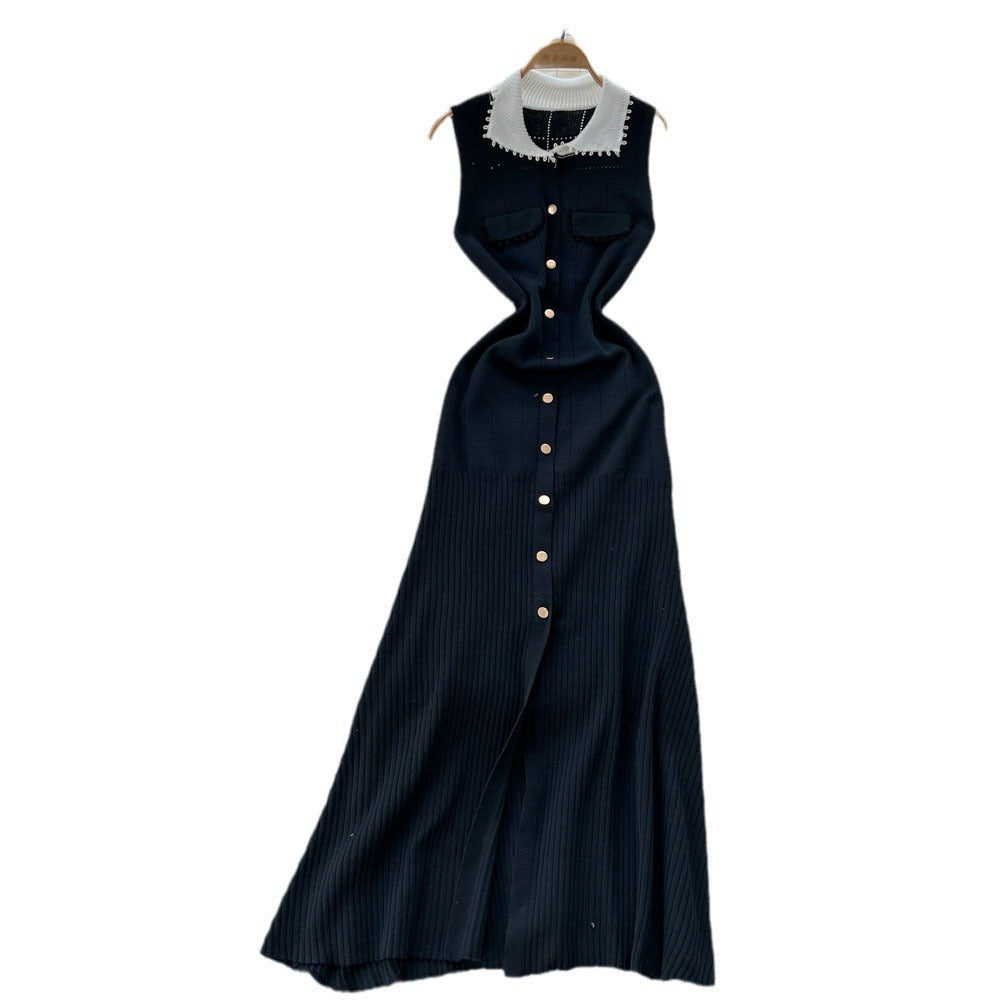 Frenchretrocontrast color lapel single breasted waist slimming lookelegant medium long sleeveless knittingdress women's autum