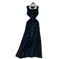 Frenchretrocontrast color lapel single breasted waist slimming lookelegant medium long sleeveless knittingdress women's autum