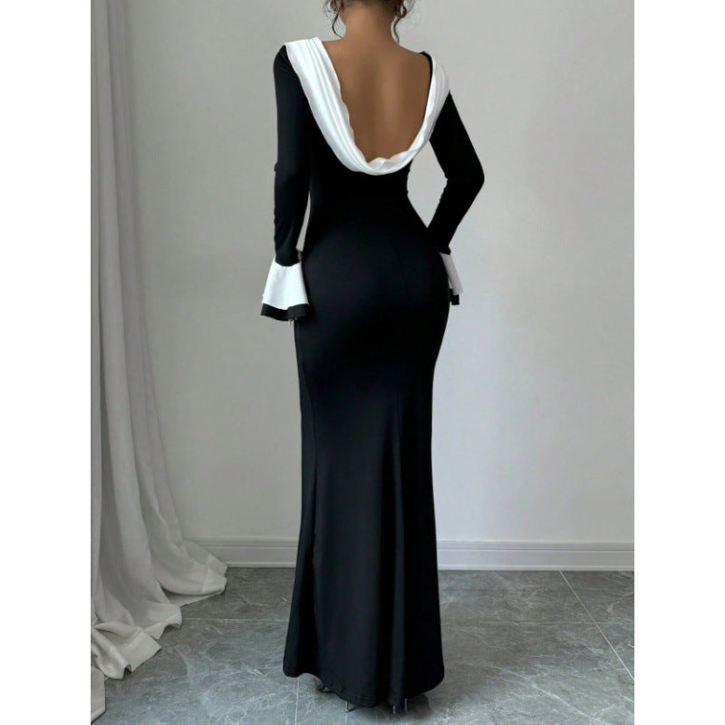 cross-border solid color color block crew neck long sleeve slim fit long elegant dress