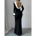 cross-border solid color color block crew neck long sleeve slim fit long elegant dress