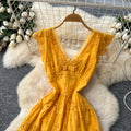 Yellow vacation dress for women,  new arrival: soft & elegant v-neck, cutout embroidery, cinched waist, flowy maxi dress