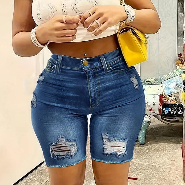 European and American , high-waisted slim-fitting ripped denim shorts for women