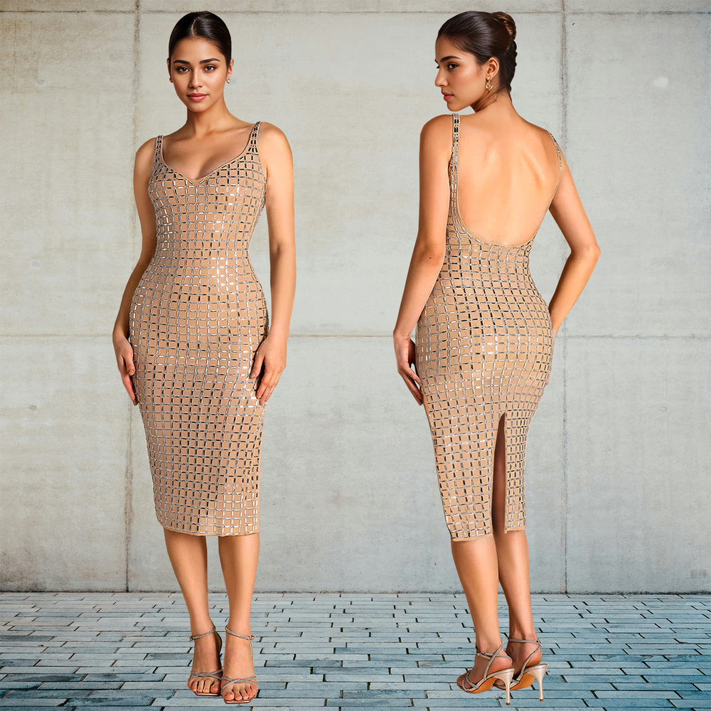 C7219 cross-border   fashion women's sexy backless rhinestone suspender sleeveless dress