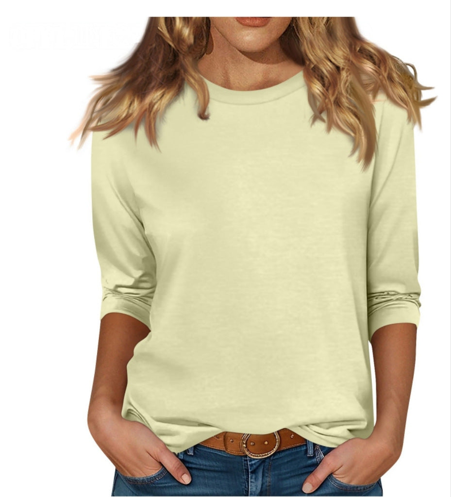 european and american cross-border  new women's round neck 7/8 sleeve solid color fleece-lined base layer top