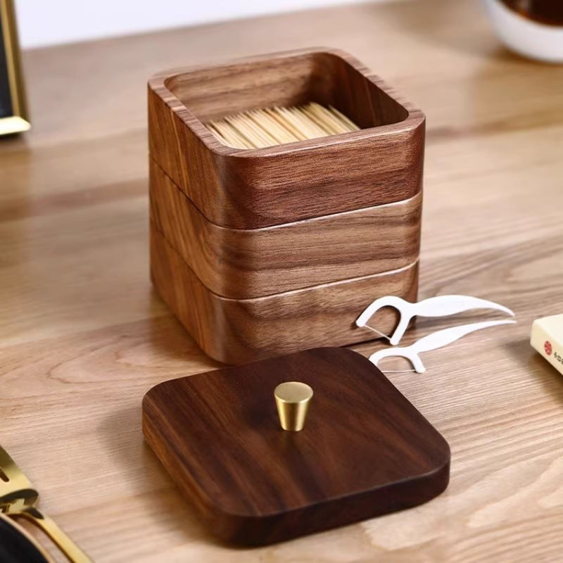 High-end walnut floss storage box multi-layer cotton swab box for home toothpick cotton swab box dust-proof creative solid wood box