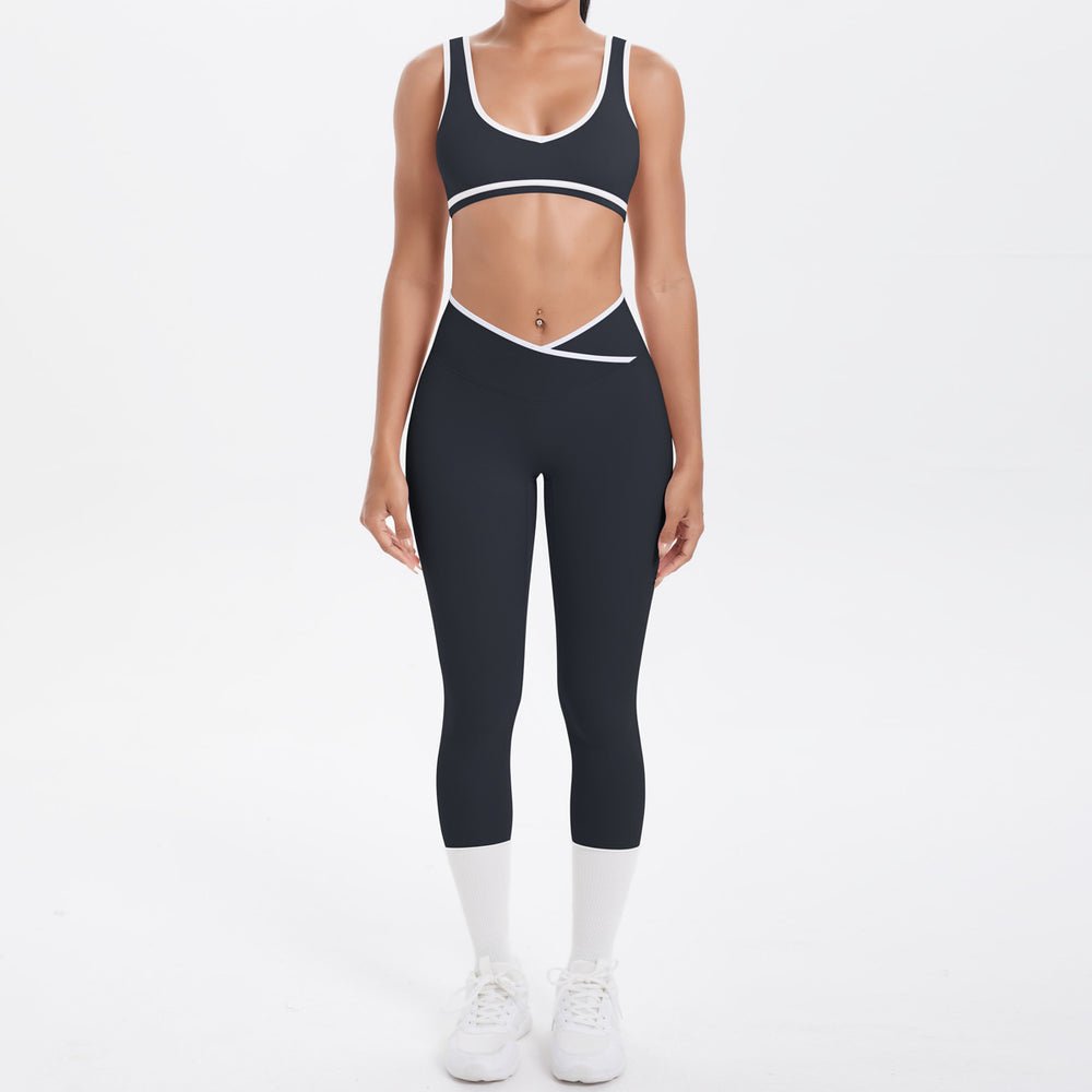 Cross high waist sports suit women's contrast color nude tight yoga clothes quick-drying breathable outdoor running fitness suit
