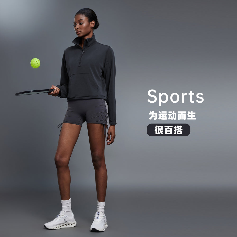 Casualloose half-zip sweatshirt women's autum windproof stand collar drawstring hem fitness sports topsd25136