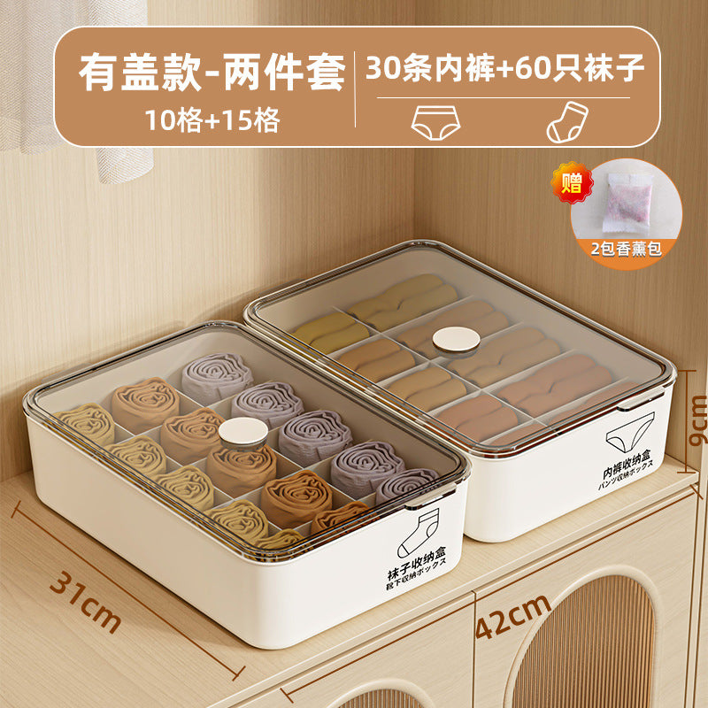 Underwear storage box - home organizer for socks, bras, and panties - 3-in-1 compartmentalized closet organizer with lid - dustproof
