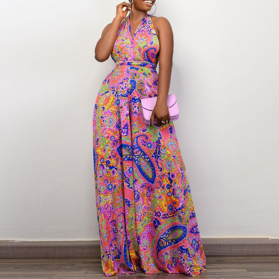 C8487 cross-border women's clothing  new european and american printing halter multi-wear beach african large size foreign trade jumpsuit