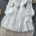 Korean style white lantern sleeve slim-fit dress - women's spring/autumn ruffle trim tie-waist a-line dress