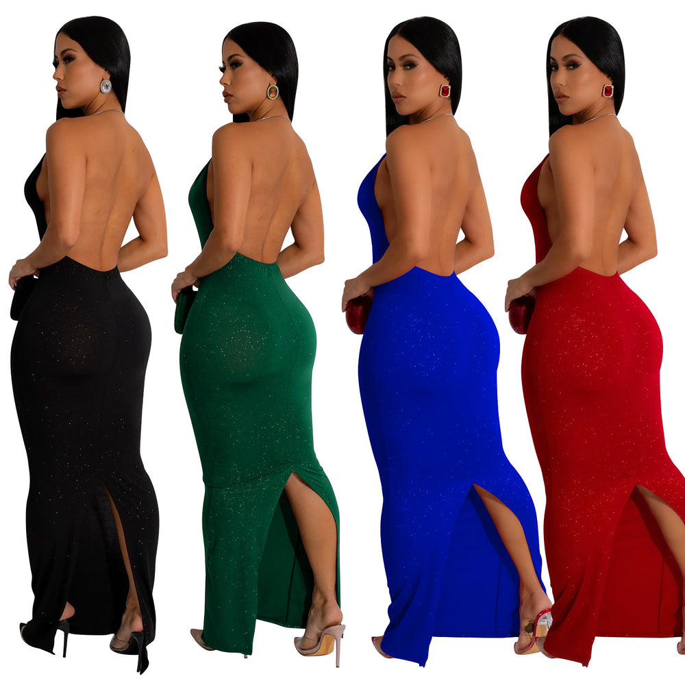 C6831 cross-border   fashion women's solid color cutout backless sleeveless maxi dress