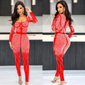 C6389 cross-border   fashion women's solid color mesh rhinestone long sleeve pants jumpsuit