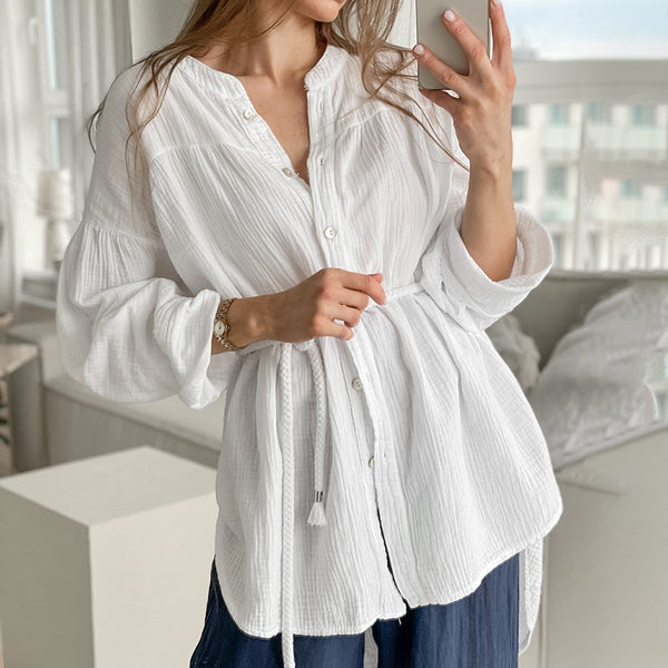Autumn European and American crepe yarn pure cotton lace-up shirt women's  loose medium and long stand-up collar long-sleeved cardigan top women's clothing