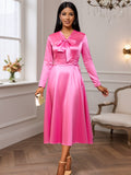 autumn satin stand collar long sleeve dress - elegant bow tie waist evening gown