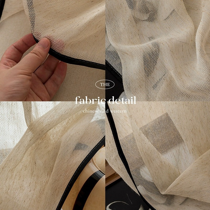 Original black edge cream linen gauze curtain decorative window gauze curtain gauze classy living room bedroom punch-free gauze