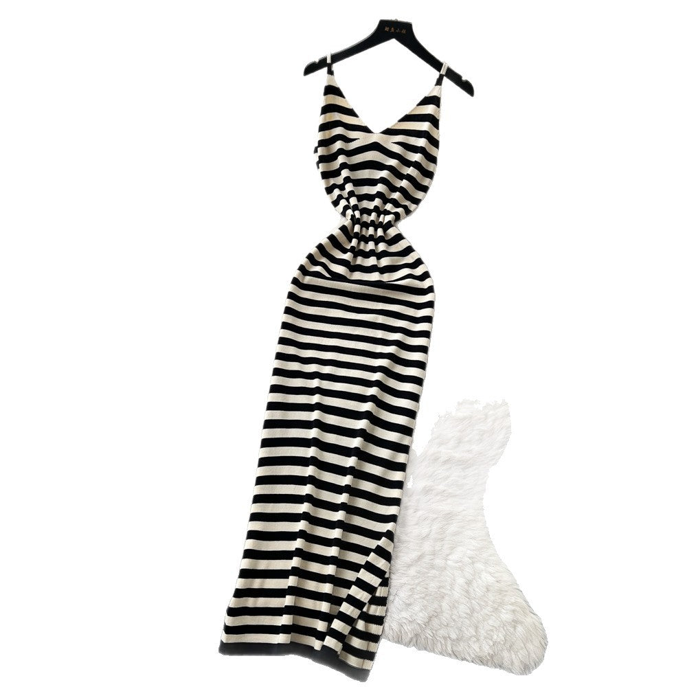 Lazy stripes suspender sleeveless dress women's summerknitting silmslimming lookelegant long skirt work clothing outfit