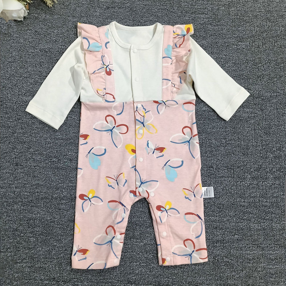 Baby girl's pure cotton butterfly romper with ruffle trim, color-blocked long sleeves, snap closure, easy to put on and take off, perfect for outings and tummy time