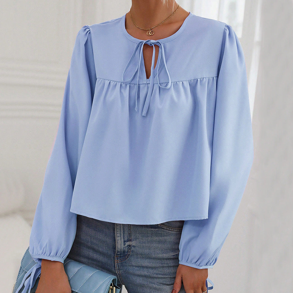 Cross-border European and American women's clothing 2024 autumn and winter crew neck lace-up bubble sleeves loose casual temperament women's pullover top