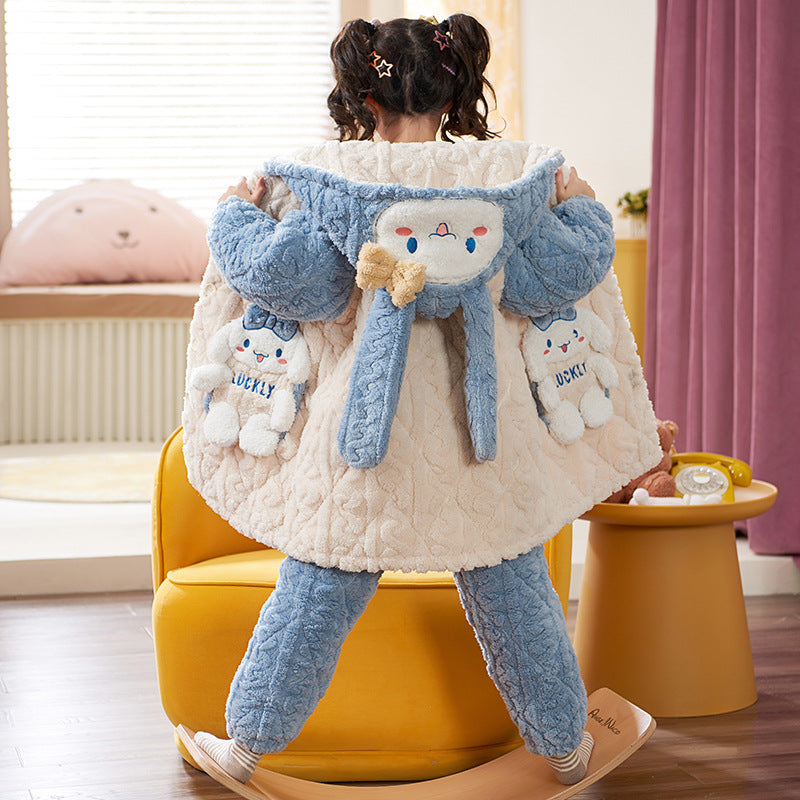 Three-layer quilted thickened pajamas winter boys coral velvet girls three-layer quilted thickened heattech home clothes baohou