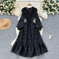 French court style floral lantern sleeve dress - women's spring hollow-out crochet v-neck design, elegant and luxurious maxi dress