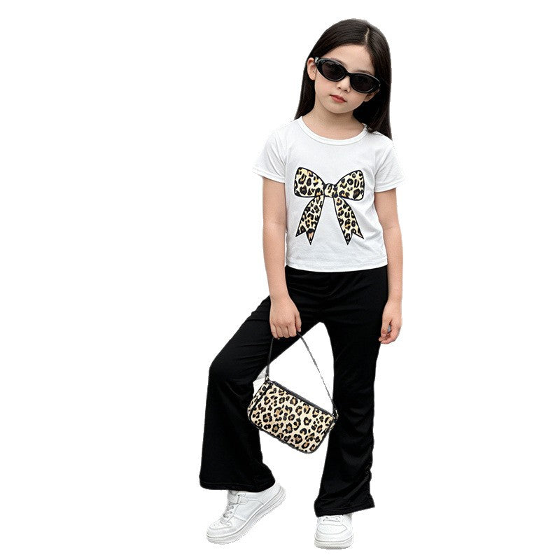Girls' summer outfit  new style kids short-sleeve t-shirt two-piece set, korean style chic girl's bowknot set