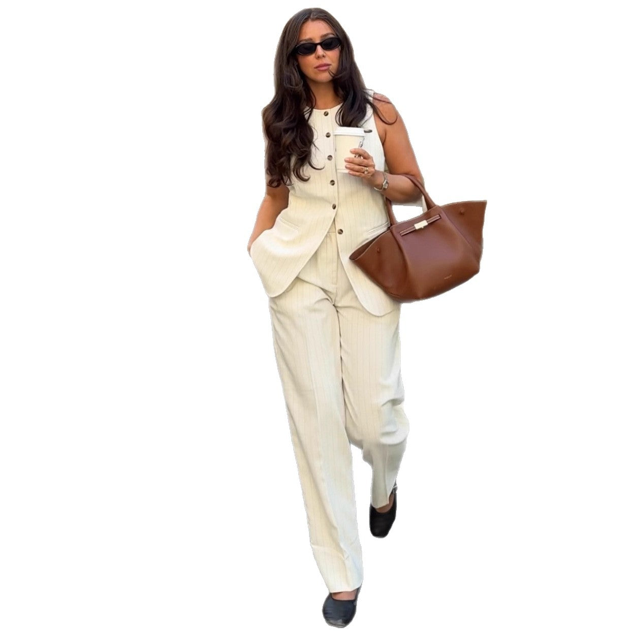 European and American fashion temperament vest suit solid color cardigan vest top trousers   women's clothing two-piece set summer