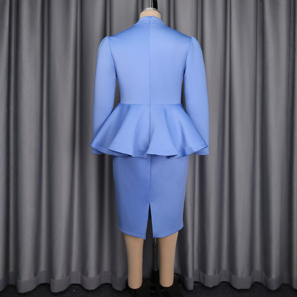 New solid color long sleeve dress - fitted waist, ruffle hem, work-ready, elegant office bodycon dress