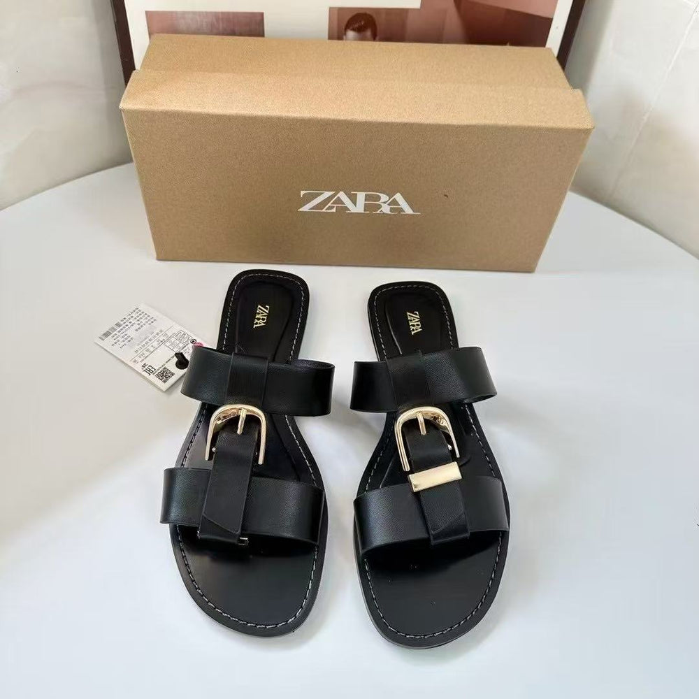 Za2025 summer new round toe thong sandals with buckle, european and american style, versatile everyday beach sandals for women
