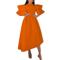 Women's foreign trade summer  new high neck ruffle sleeve high waist asymmetrical evening gown plus size european and american style dress