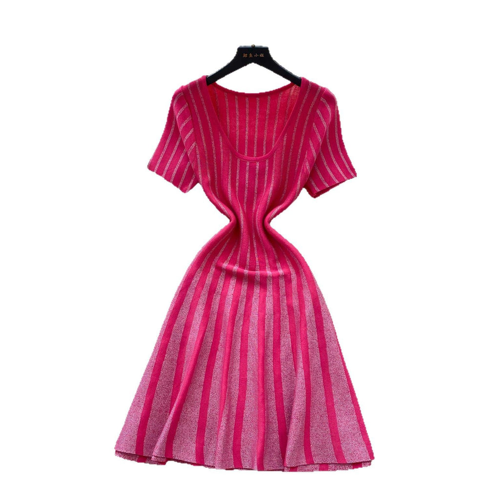 Fashionable women's dress  summer high-end u-neck short sleeve slimming shiny striped a-line knit dress