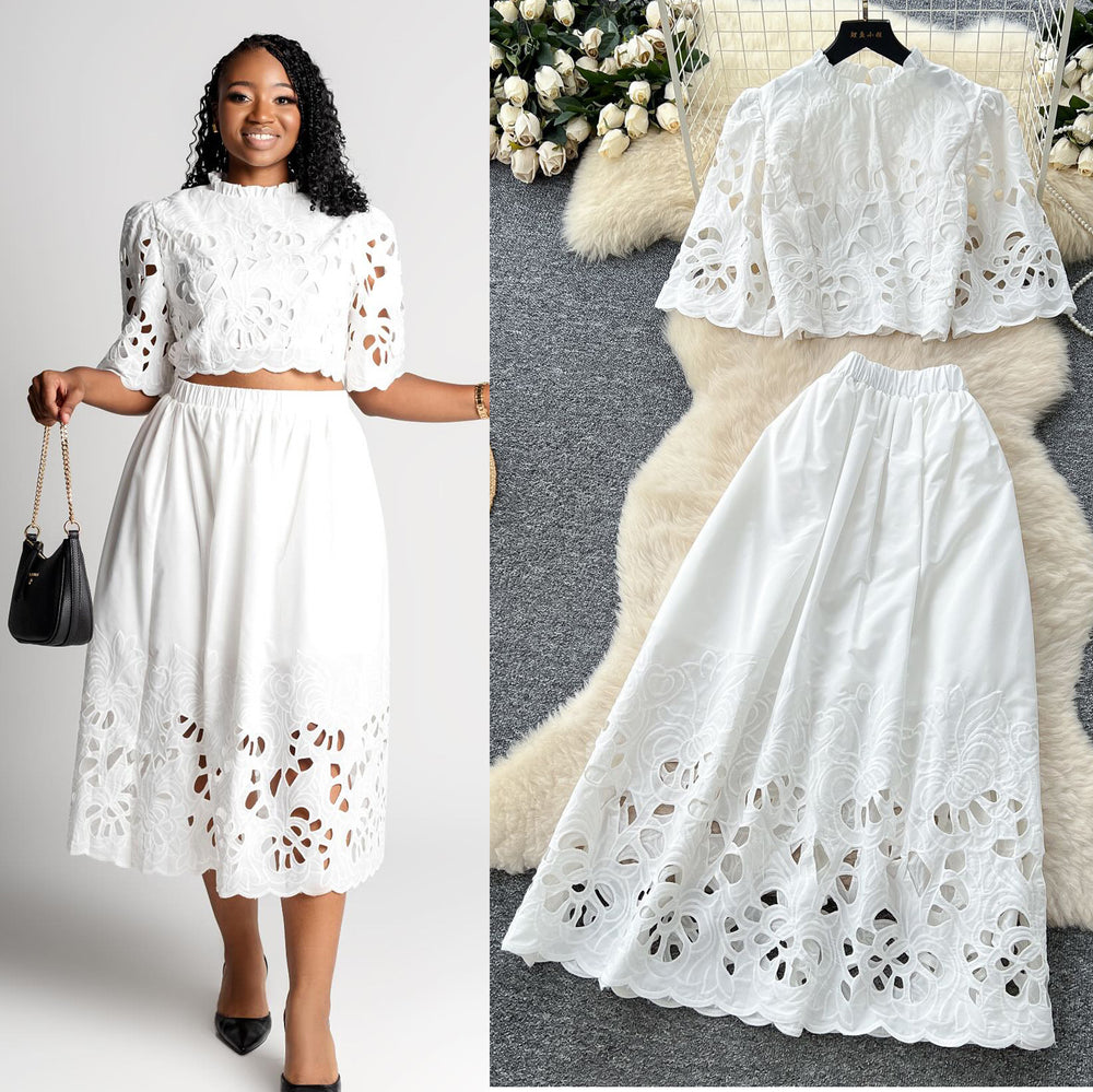 French court retro hollow-out crochet cropped top + high-waisted flared midi skirt two-piece summer outfit - effortless chic