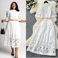French court retro hollow-out crochet cropped top + high-waisted flared midi skirt two-piece summer outfit - effortless chic
