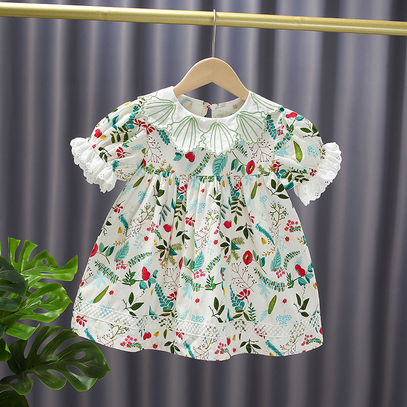Princess dress for girls, baby summer pink floral dress, girls' dress with shell lace collar, elegant outing dress
