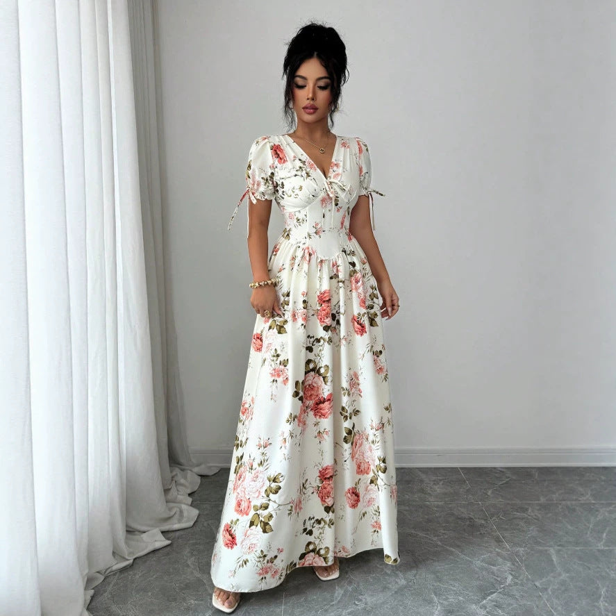 new cross-border floral dress - export quality, slim-fit, figure-flattering, vacation-ready maxi dress with botanical print