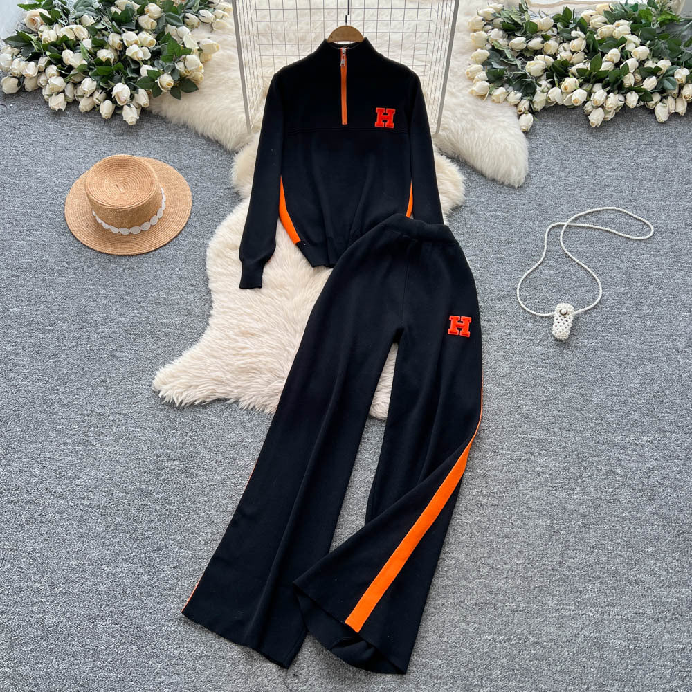 Women's casual activewear set - autumn design: color block letter embroidery stand collar half-zip knit top & wide leg pants