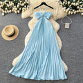 Vacation style haltercut out women's light blue dress women's summerpleated long skirt high waist waist slimming lookelegant skirt