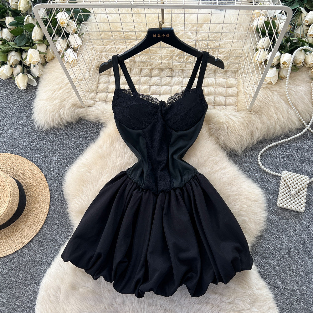 K-style white pure desire style lace suspender easiest for matchdress women's summerhigh waistslimming look flower bud puffy skirtelegant