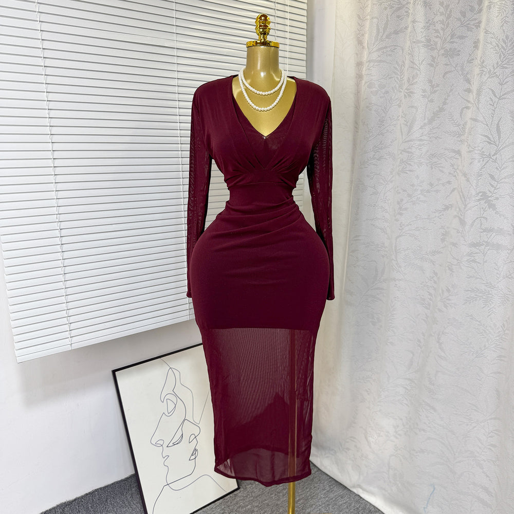 European and american cross-border e-commerce spring/autumn new v-neck stretch mesh bodycon sexy solid color midi dress
