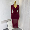 European and american cross-border e-commerce spring/autumn new v-neck stretch mesh bodycon sexy solid color midi dress