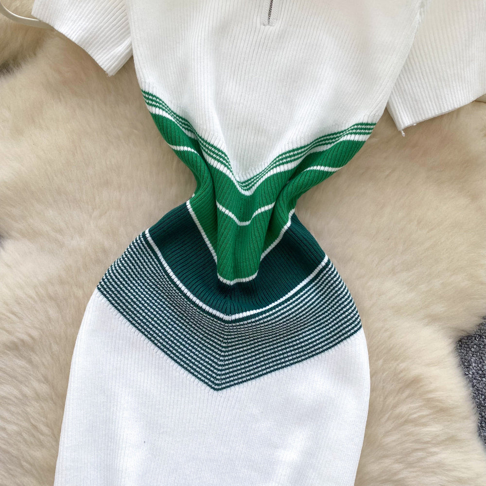 Korean chic retro color block knit dress - women's  summer slim fit polo collar short sleeve bodycon dress