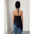 Women's summer new fashion elegant solid color lace patchwork asymmetrical hem backless halter tank top