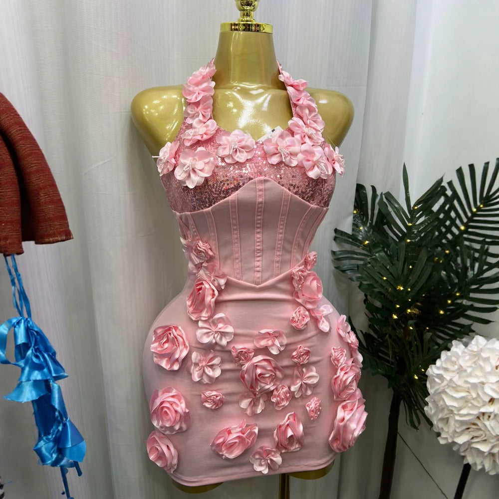 European and american style women's foreign trade bodycon mini dress with 3d floral appliqués - elegant stretch dress for weddings and parties