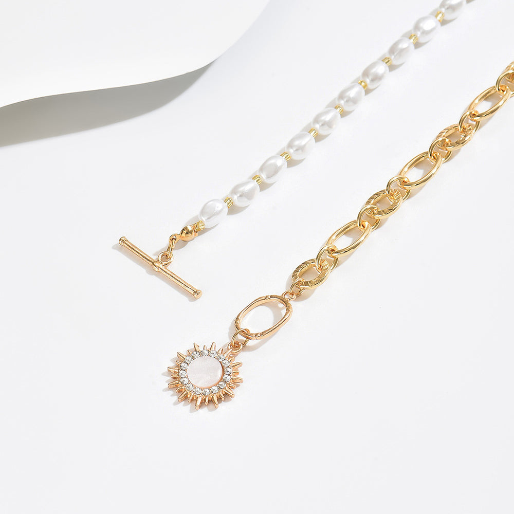 European and american cross-border jewelry niche ins splicing imitation pearl chain necklace personalized sunflower pendant clavicle chain for women